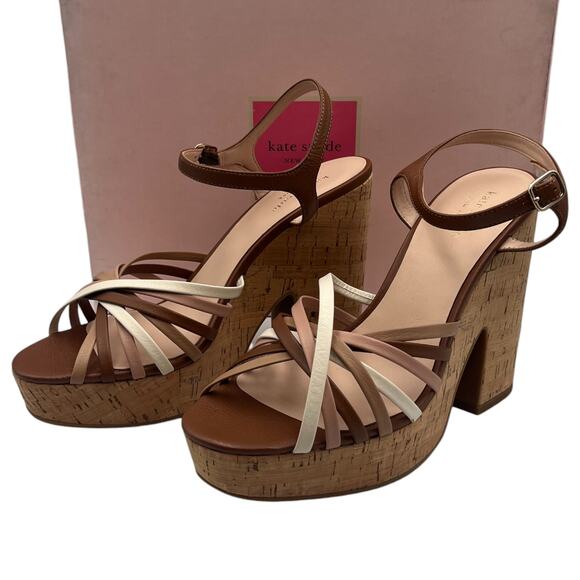 Kate Spade Glow Leather Dressy Block Heels Platform Sandals Multi Toast 9.5M - Picture 1 of 8